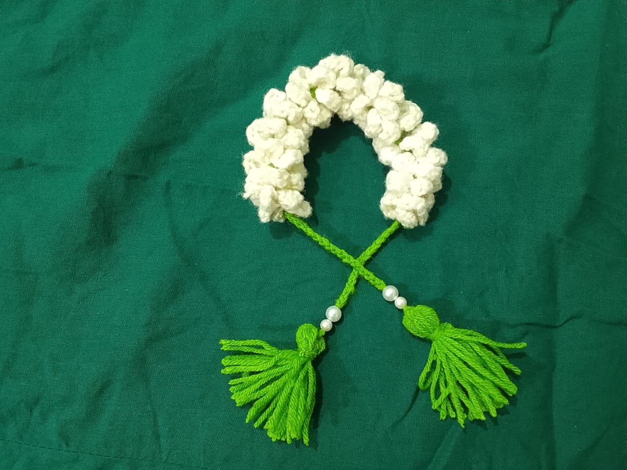 Handmade Crochet Jasmine Hair Veni with Green Tassels