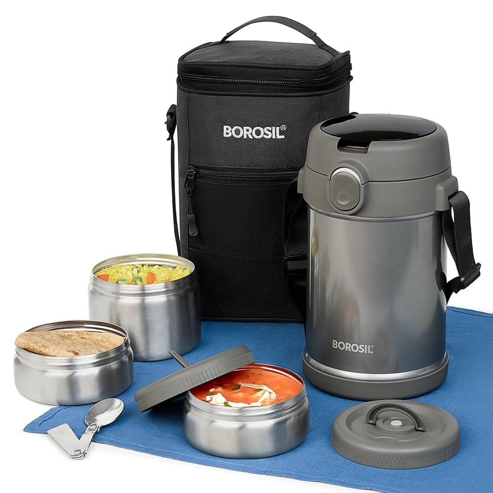 Borosil CarryMe Stainless Steel Lunch Box with Bag | 3 Pcs Set (320 ml x 2 + 600 ml x 1) | Insulated Lunch Box with Foldable Spoon | Keep Food Warms Up to 10 Hours | Grey