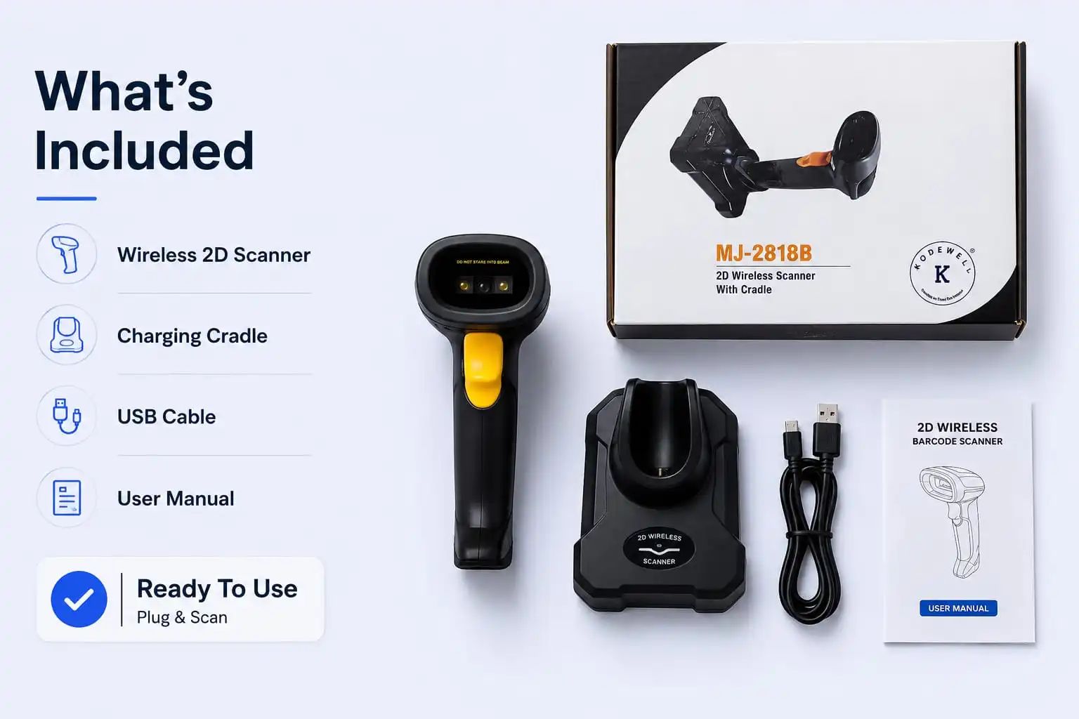 MJ-2818B 2D Wireless Barcode Scanner with Cradle – USB, Reads QR Code, 1D & 2D Barcodes | 1 Year Warranty