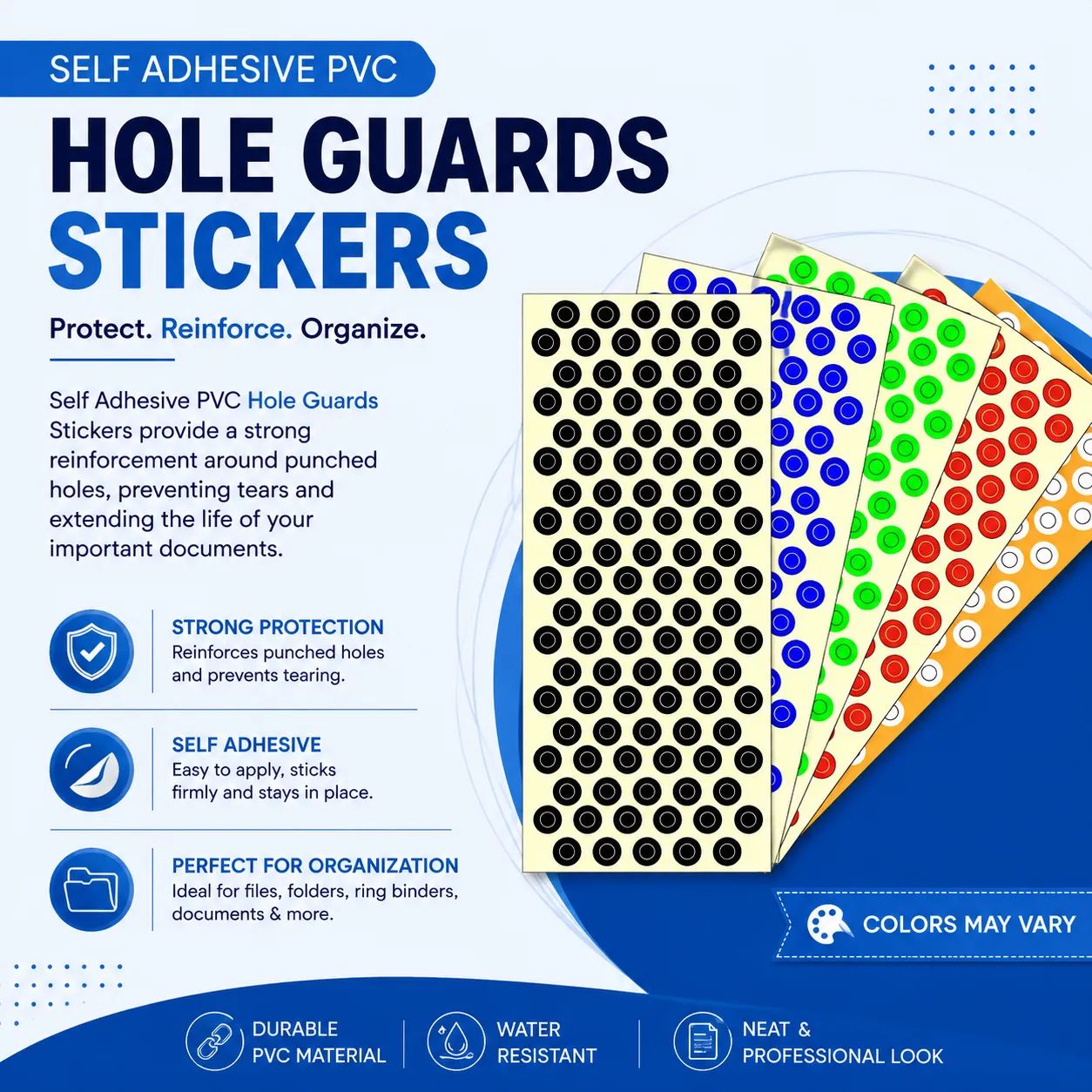 Self-Adhesive PVC Hole Guard Stickers – Sheet of 1000 | Reinforcing Rings for Files & Papers