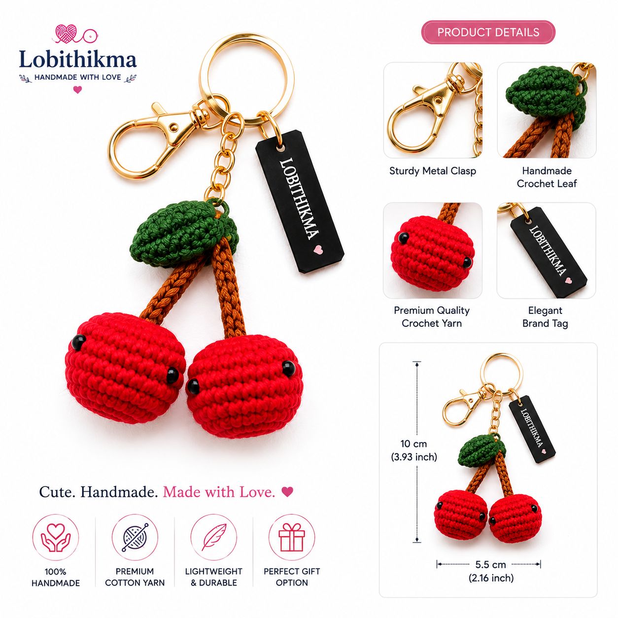 LOBITHIKMA Handmade Crochet Cherry Keychain | Cute Red Cherry Bag Charm, Purse & Backpack Accessory