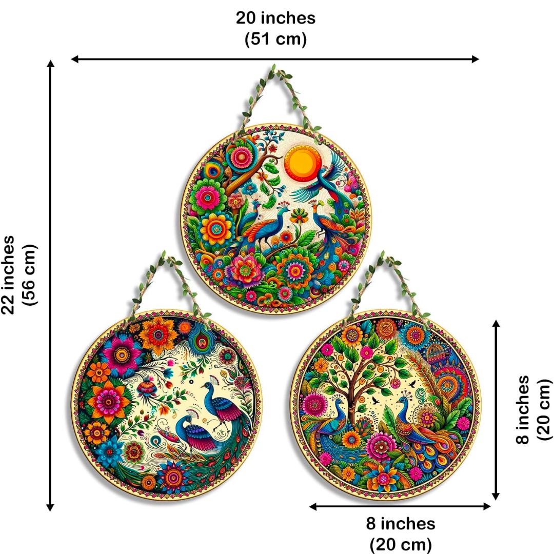 Set of 3 Peacock & Floral Wooden Wall Hangings