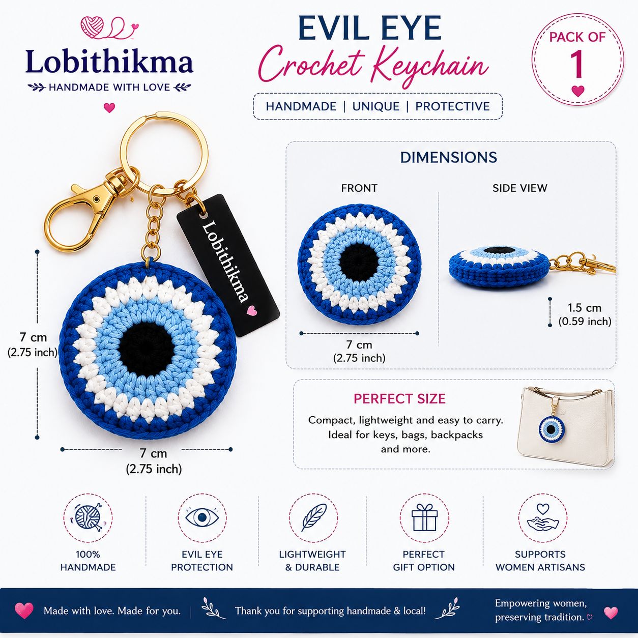LOBITHIKMA Handmade Crochet Evil Eye Keychain | Blue & White Nazar Bag Charm | Cute Key Ring for Bags, Purses & Keys