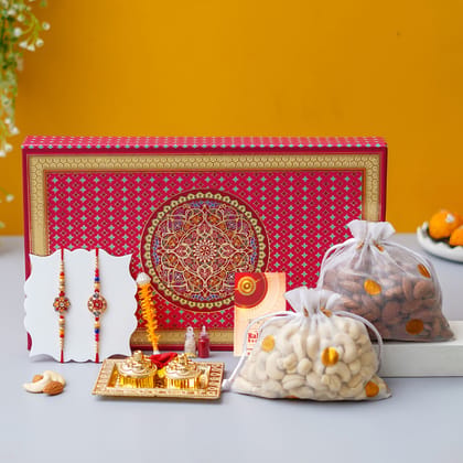 Signature Rakhi Gift Hamper Family Combo (Almond+Cashew+Roli Moli set+4 Rakhis+Greeting Card)