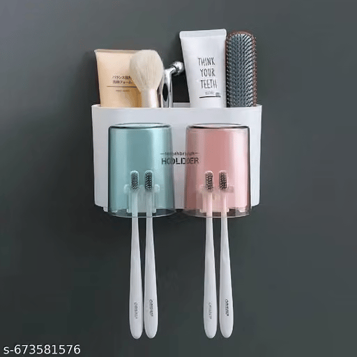 TRYKSHA Wall Mounted Toothbrush Holder with 2 Cups - Bundle of 2