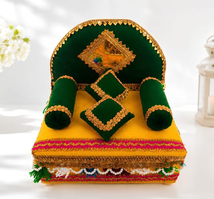 Wooden Laddu Gopal Sinhasan Cum Sofa with 2 Bolster & 2 Square Pillows | Green & Golden