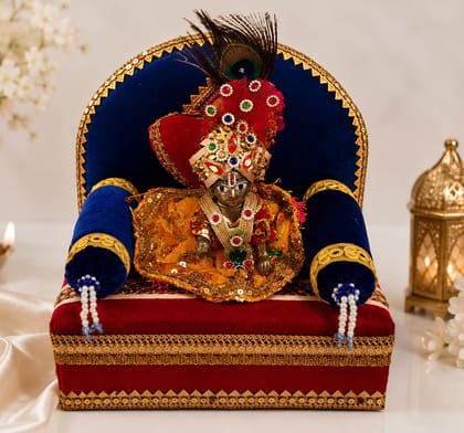 Wooden Laddu Gopal Sinhasan Cum Sofa with 3 Pillows | Red & Blue