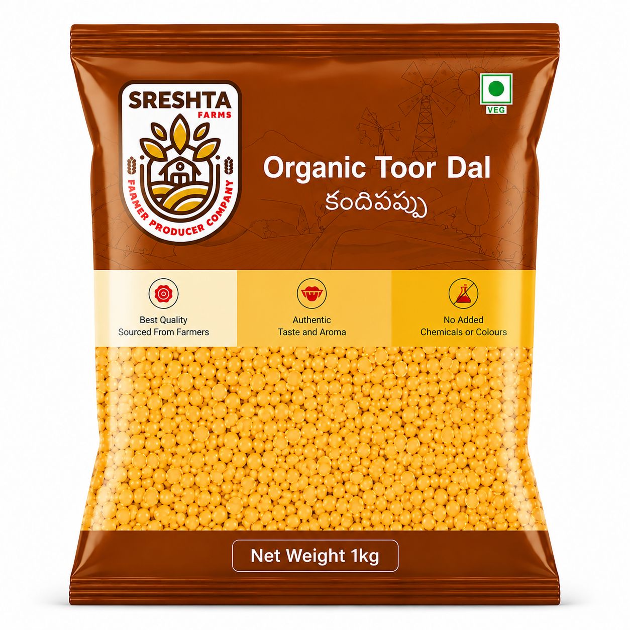 Sreshta Farms Organic Toor Dal | Premium Arhar Dal | Split Pigeon Peas
