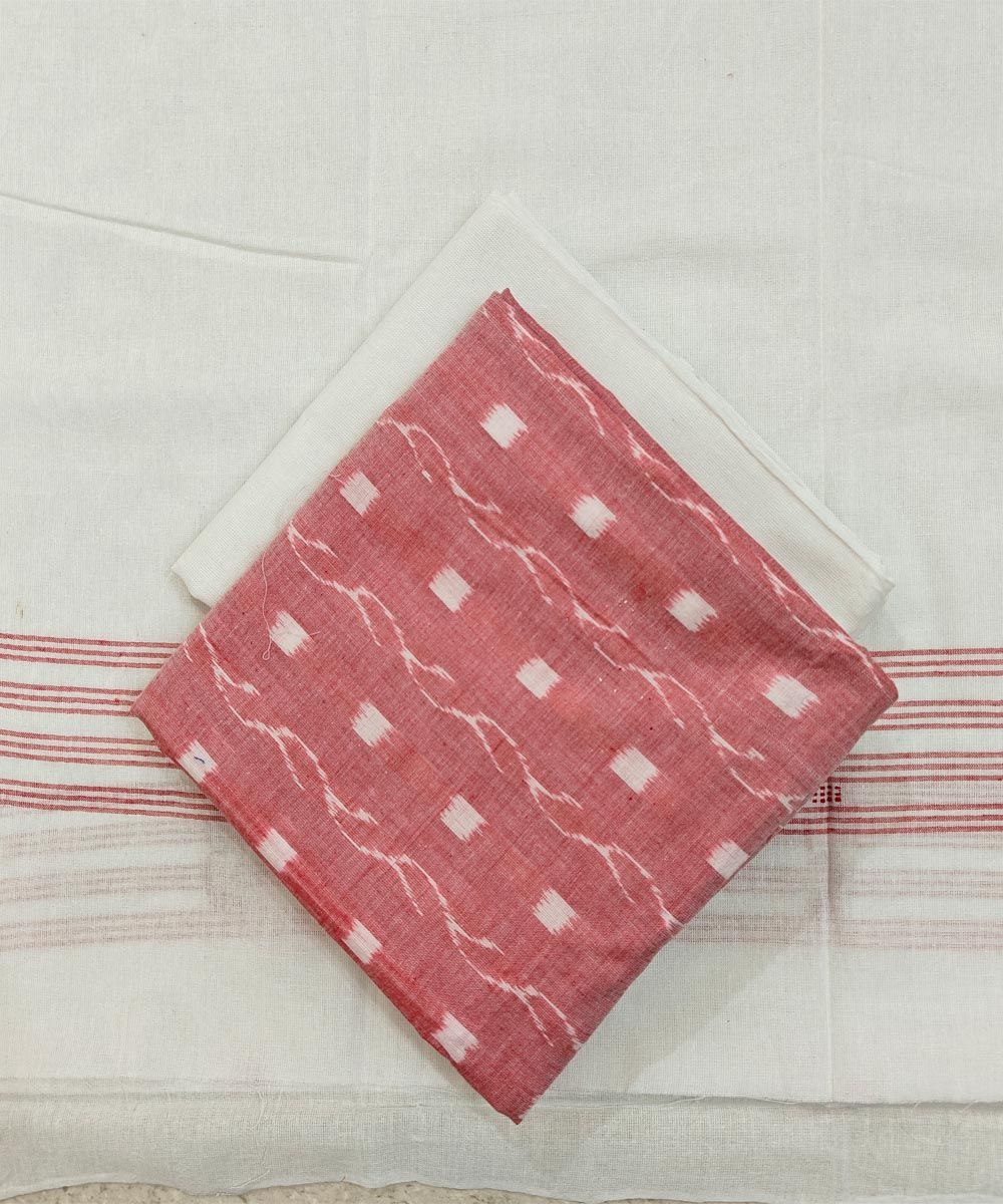 Pink White Sambalpuri Handwoven Ikat Suit Set SFCSUT2481