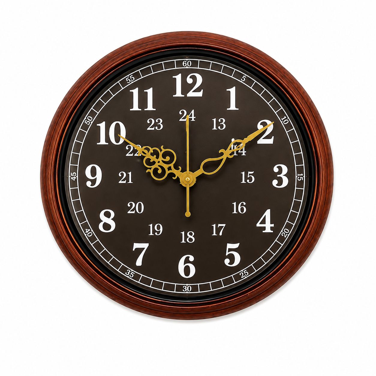 Elegant Wooden Wall Clock with Decorative Golden Hands, Large Roman & Numeric Dial, Home & Office Décor