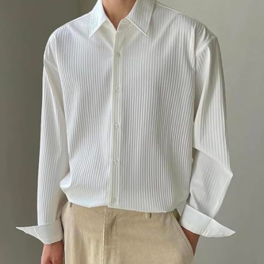 Men's White Breathable Ribbed Long Sleeve Button-Down Shirt