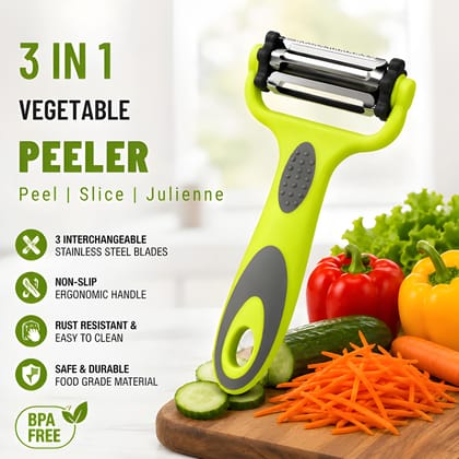 Heavy Duty WUGO 3-in-1 Rotary Vegetable & Fruit Peeler | Multi-Functional Kitchen Peeling Tool with Rotating Blades | Vegetable Cutter, Slicer & Peeler for Potato, Carrot, Cucumber & Fruits (Original)