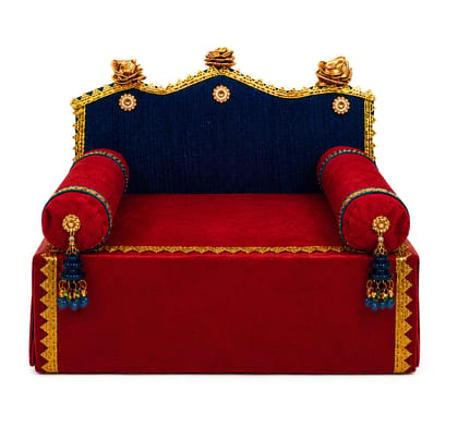 Handcrafted Royal Blue & Red Wooden Sofa Cum Sinhasan with Cushioned Pillows for Laddu Gopal