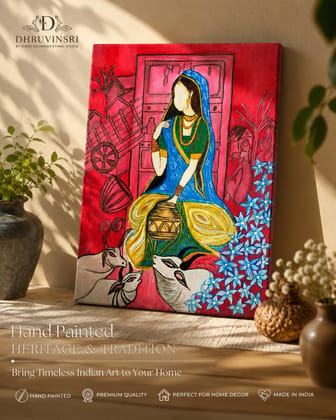 Radha in Gokuldham Hand Painted Acrylic Canvas Art Painting | 18×21 Inch Traditional Indian Wall Painting | Krishna Devotional Decor for Home, Gallery & Hotel | Swadeshi Handmade Art Paintings