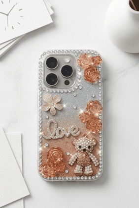 Rhinestone Glitter Teddy Bear Rose Case for iPhone 15 Pro Max