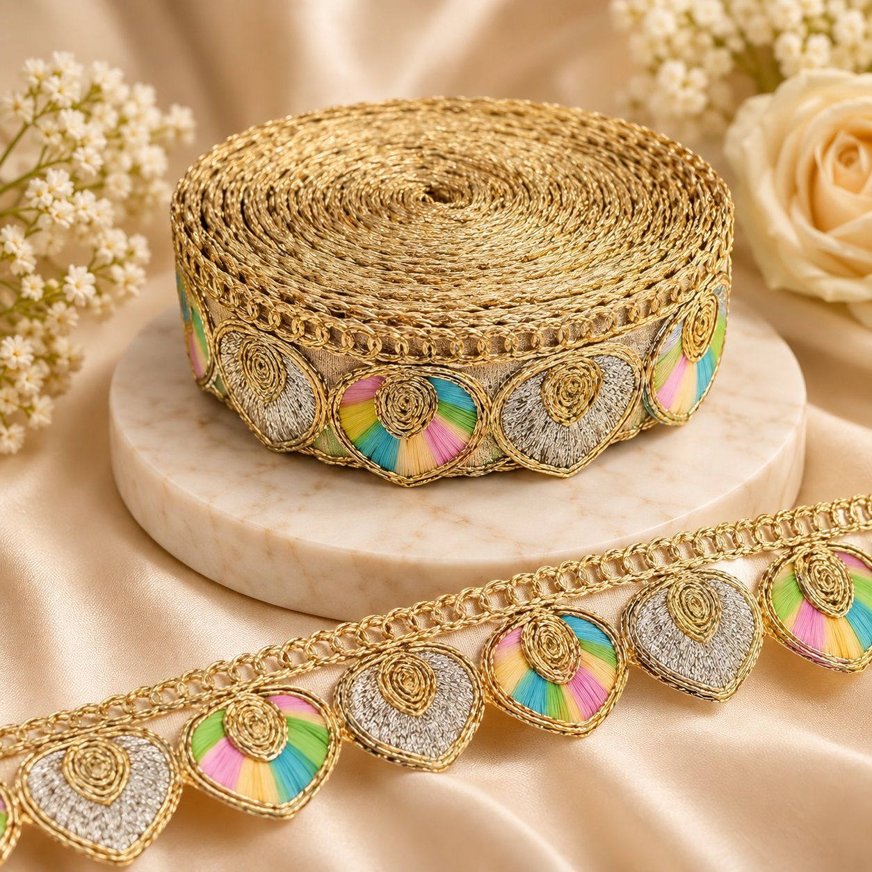 Designer Gota Patti Lace Sari Borders 3 cm Silver Golden Zari Light Multicolor Embroidery Trim 9m