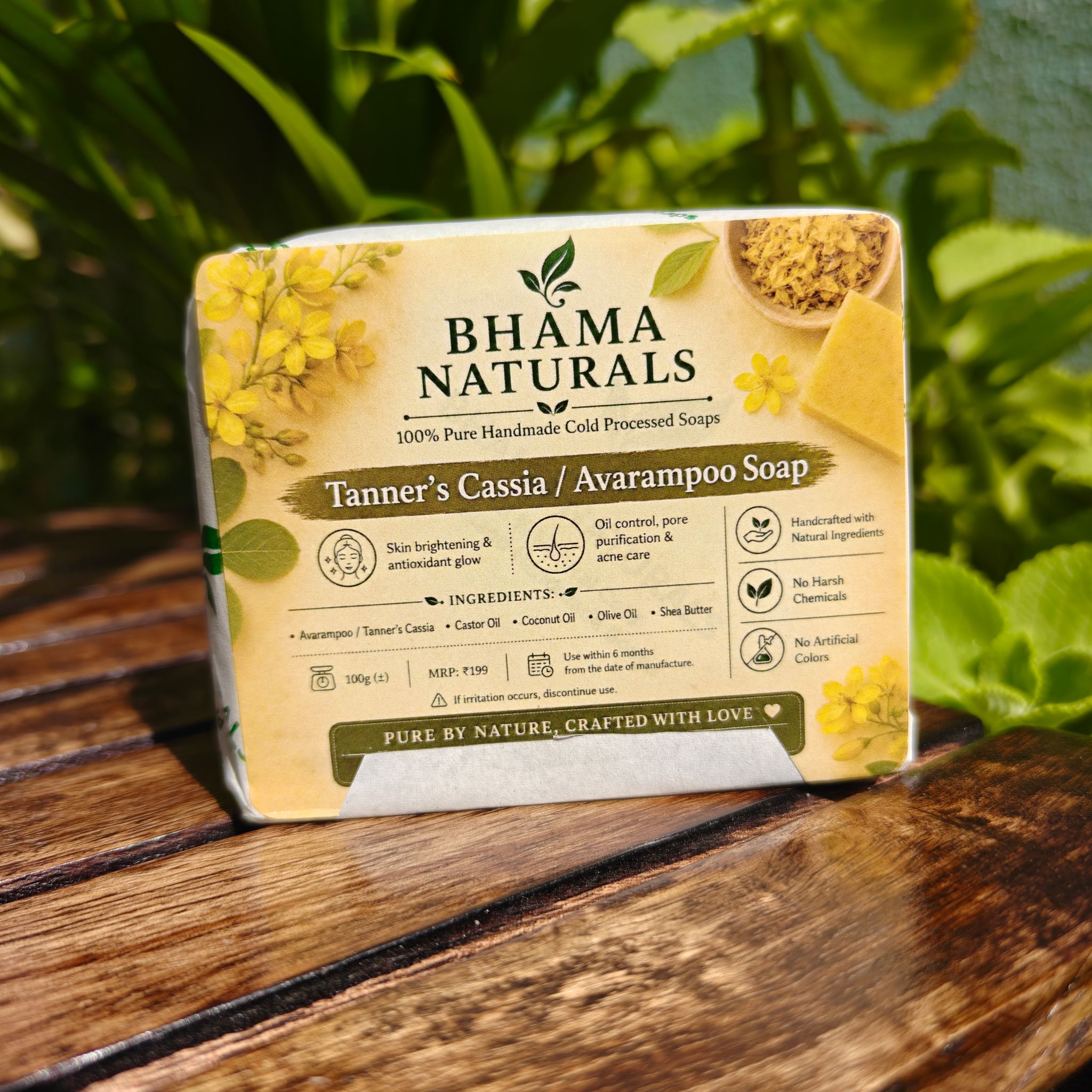 Bhama Naturals Avarampoo (Tanner’s Cassia) Cold Processed Handmade Soap with Shea Butter