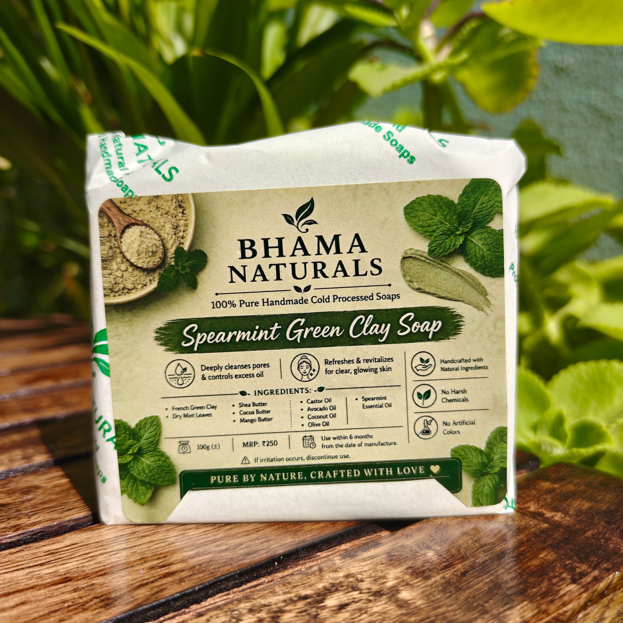 Bhama Naturals Spearmint & French Green Clay Cold Processed Handmade Soap with Natural Butters