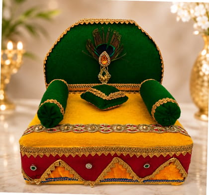 Handcrafted Wooden Sofa Cum Sinhasan for Laddu Gopal Royal Blue Yellow Janmashtami Special