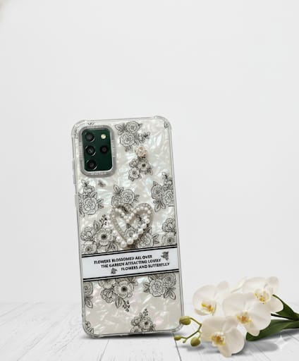 Pearl Heart and Floral Print Phone Case - Iridescent