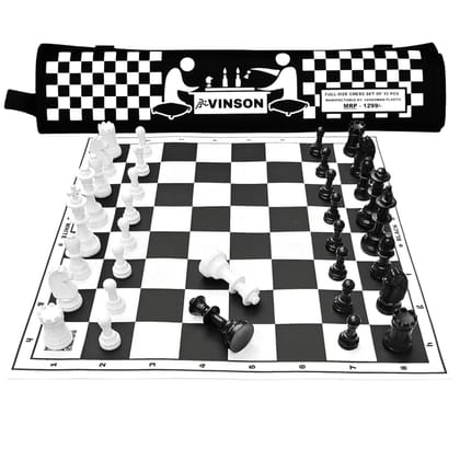 Vinson Tournament Chess Set with Vinyl Foldable Roll-up Black & White Matt, 32 Big Solid Plastic Heavy Weight Pieces & 2 Extra Queens with Storage Bag, Size - 17" by 17"