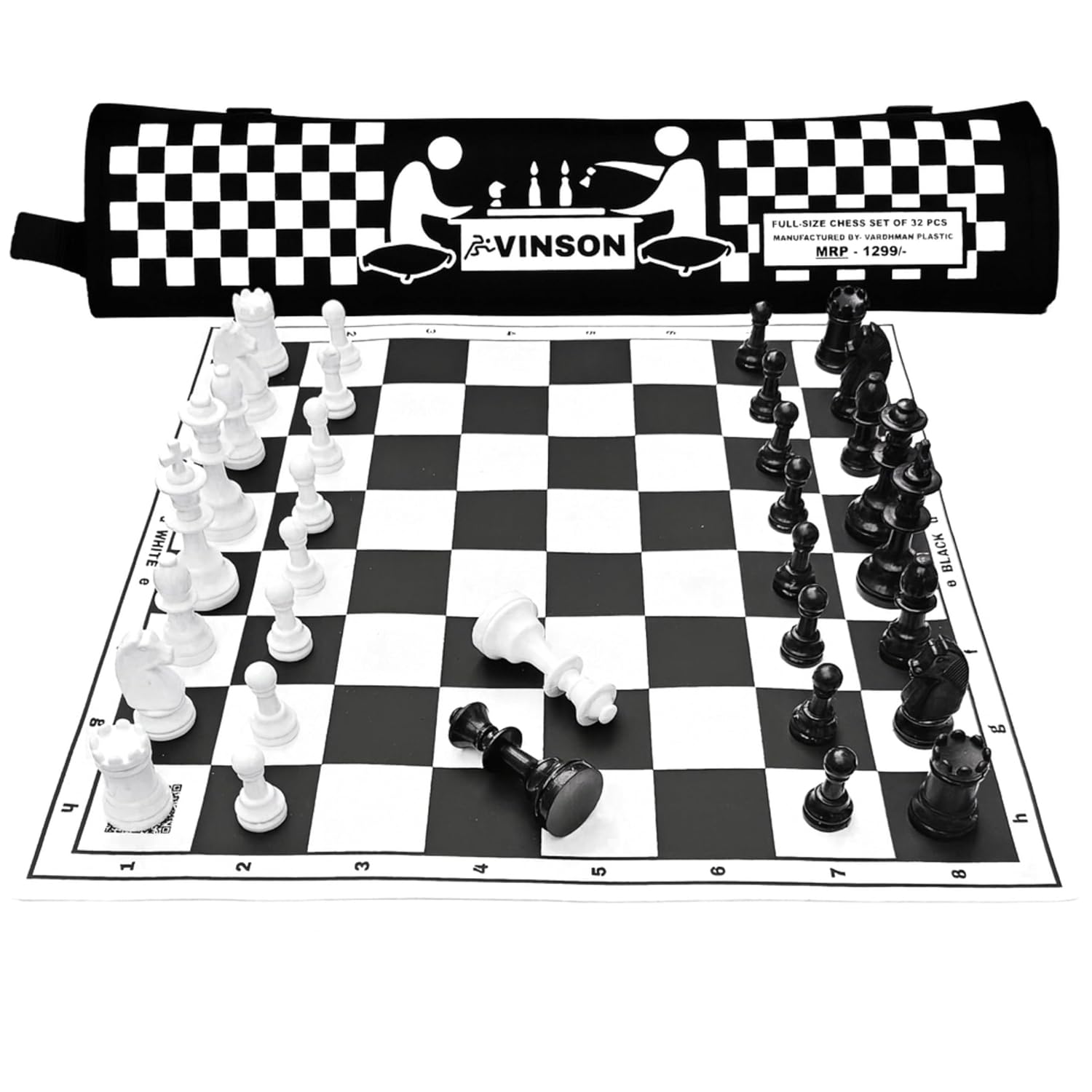 Vinson Tournament Chess Set with Vinyl Foldable Roll-up Black & White Matt, 32 Big Solid Plastic Heavy Weight Pieces & 2 Extra Queens with Storage Bag, Size - 17" by 17"