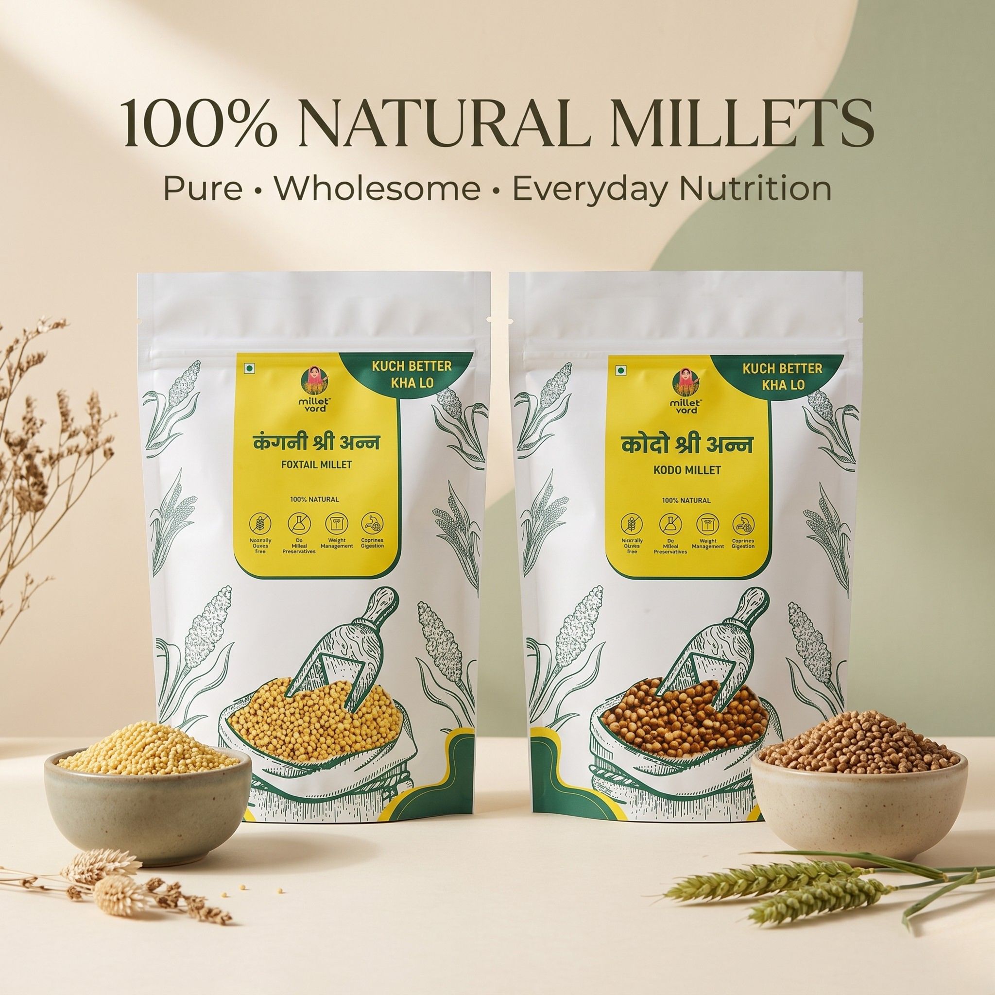 Millet Yard Millets 1 kg Natural Grains Combo Pack of 2 |  Kodo 500g, foxtail millet 500g | Nutrient Powerhouse, High Protein & 100% More Fibre Mixed Millet (1 kg, Pack of 2)