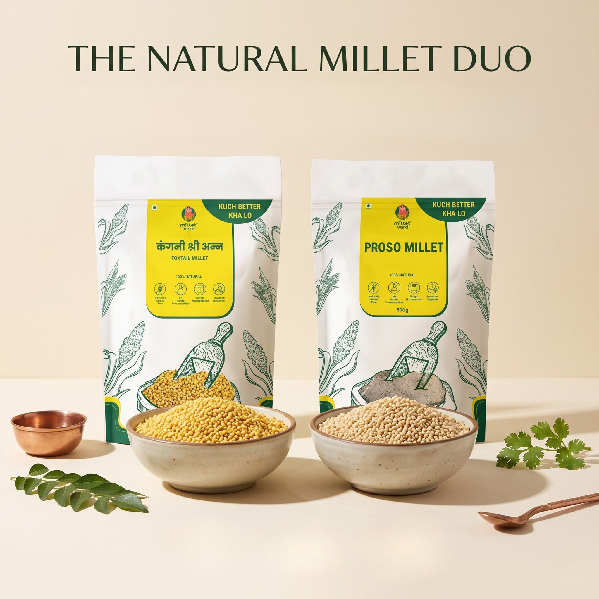 Millet Yard Millets 1 kg Natural Grains Combo Pack of 2 |  Proso 500g, foxtail millet 500g | Nutrient Powerhouse, High Protein & 100% More Fibre Mixed Millet (1 kg, Pack of 2)
