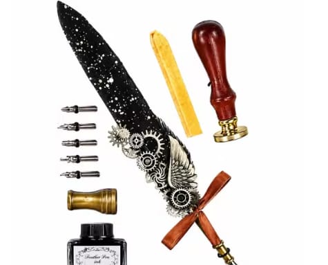 Vintage Quill Feather Pen and Ink Set