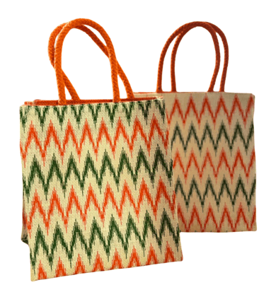 Chevron Pattern Jute Lunch Bag with Handles - Green and Orange