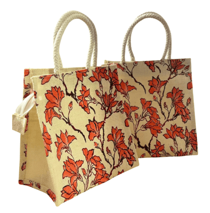 Orange Floral Print Jute Tote Bag