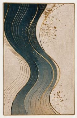 Abstract Wavelike Teal and Gold Area Rug