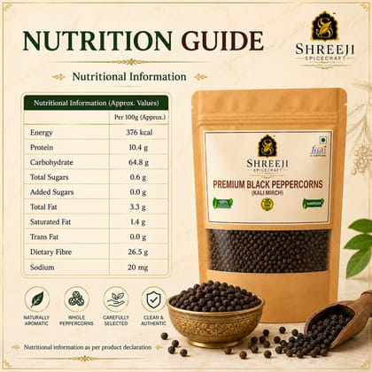 Shreeji Spicecraft Premium Whole Black Peppercorns Kali Mirch Raw Sabut Black Pepper for Cooking & Spice Grinder Standup Pouch Packaging