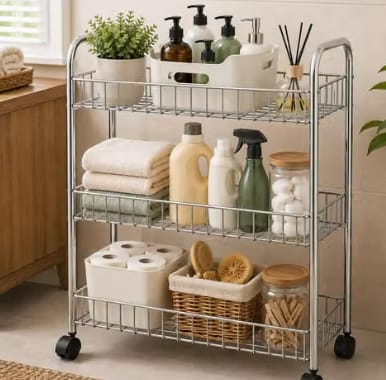 3 Self Kitchen Rack || Rolling Kitchen Stand rack|| Space-Saving Kitchen Cart|| Compact Storage Trolley||Sleek & Practical Kitchen Trolley(Silver)