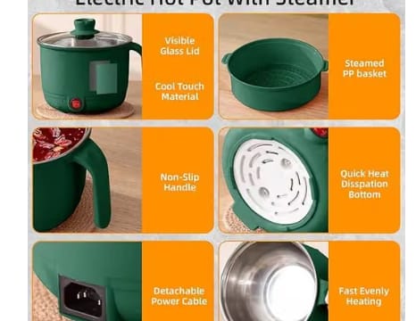 1.5L Multifunctional Electric Cooking Pot Mini Hot Pot for Noodles, Soup, Multi-kettle for Home, Hostel & Travel Boiling & Cooking Portable Electric Cooker with Lid And Without Steamer Plate (Green)