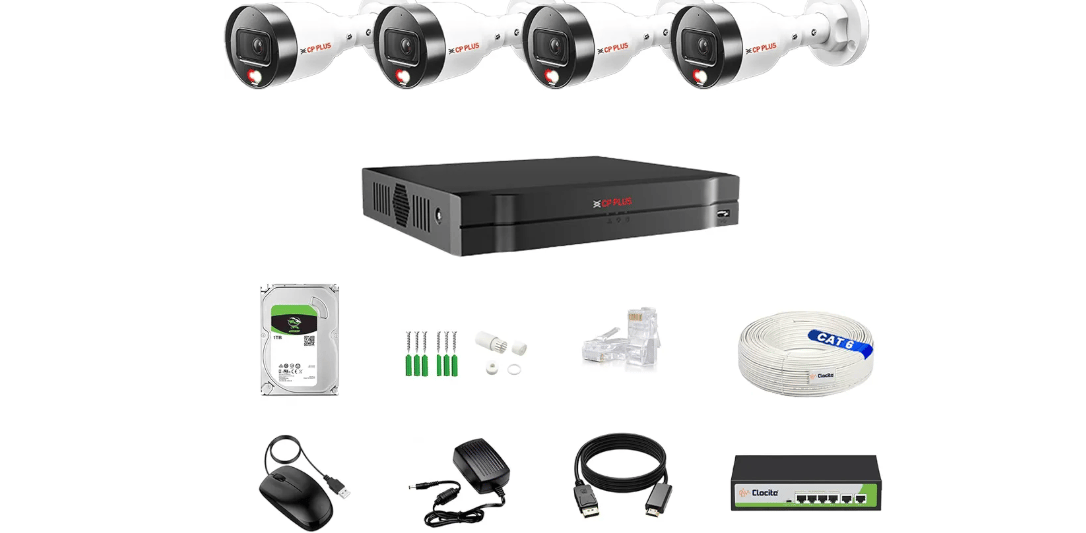 CP Plus IP illumax 4 CH AI NVR, 4MP 4 Bullet IP Cameras [Color Night Vision + Built-in Audio MIC + SMART Dual Light + Motion Detection] + 1 TB HDD + 4+2 POE Switch + CAT 6 Cable Combo