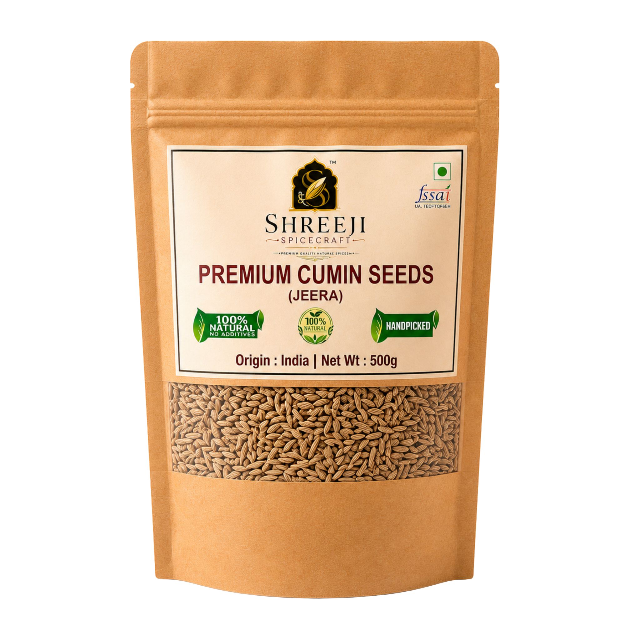 Shreeji Spicecraft Whole Cumin Seeds Jeera 500g | Authentic Aromatic Indian Spices for Cooking | Resealable Pouch