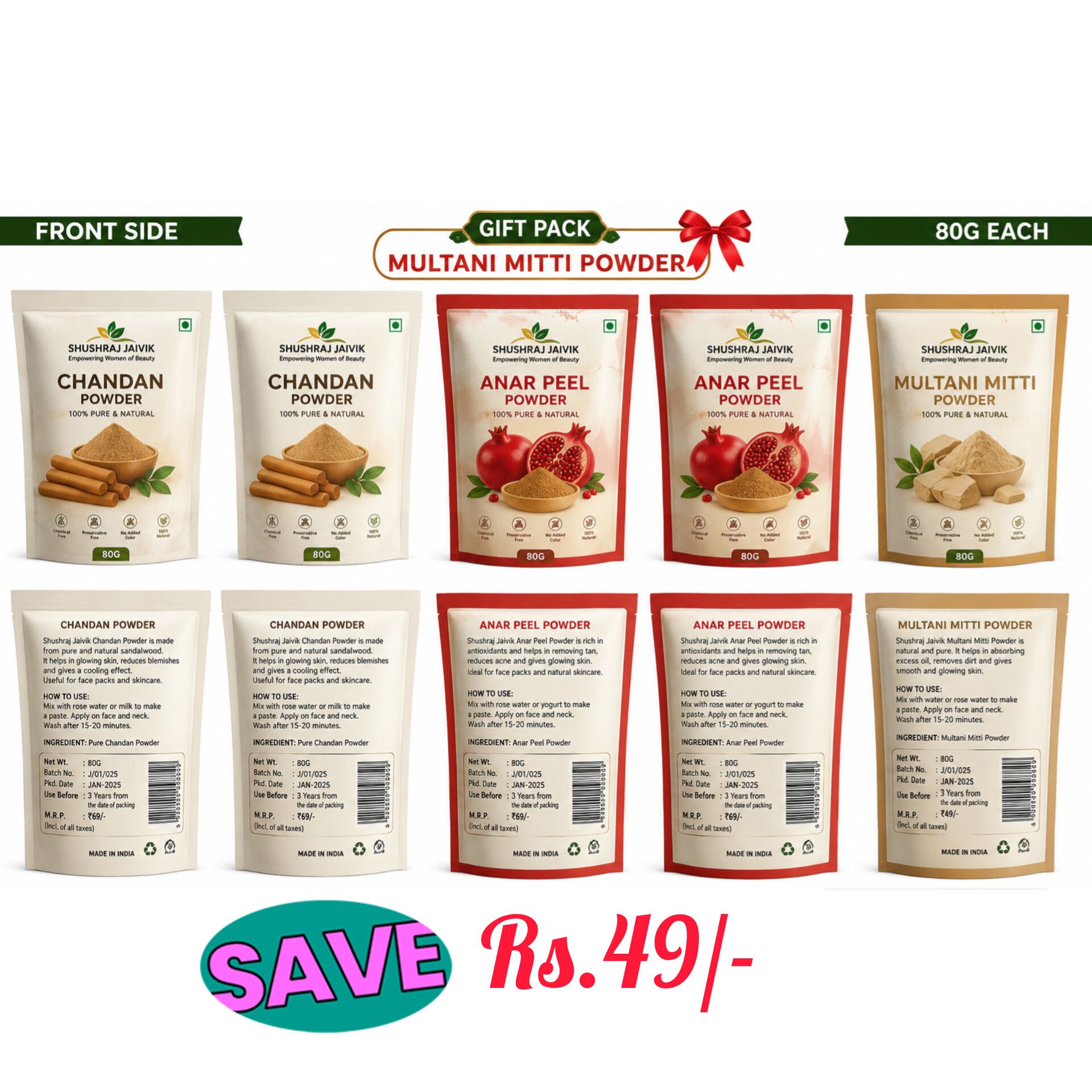 SHUSHRAJ JAIVIK Chandan Powder & Anar Peel Powder Combo with Gift Pack Multani Mitti Powder – 80G Each | Pure Herbal Face Care Powders | 3 Pouch Combo