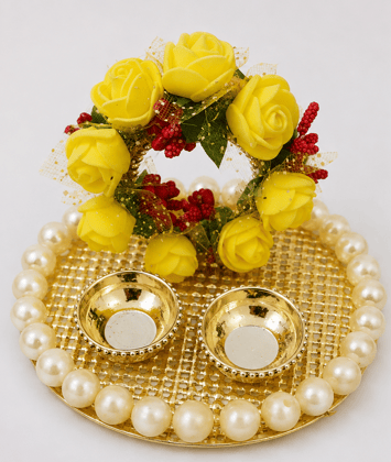 Decorative Gold Haldi Kumkum Thali with Yellow Foam Roses & Pearl Border