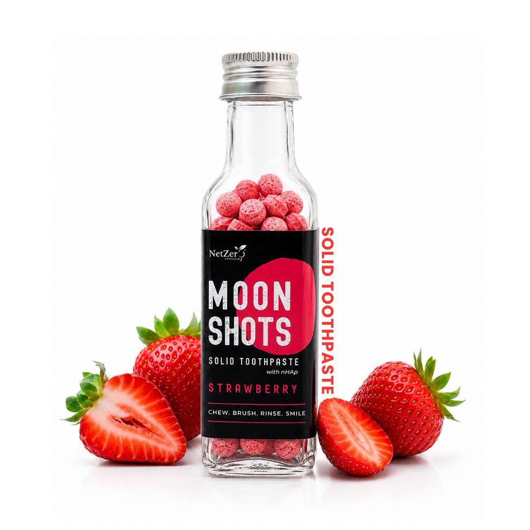 Moonshots Solid Toothpaste Tablets – Strawberry (90 pcs) | Formulated with nHAp | Fluoride-Free & SLS-Free | No Preservatives | with Xylitol & Oral Probiotics | Travel-Friendly 