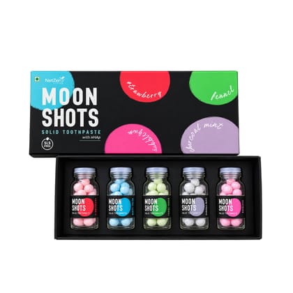 Moonshots Mini | 5 Flavour Box | Solid Toothpaste | Toothpaste Tablets | Formulated with nHAp | Fluoride-Free & SLS-Free | No Preservatives | with Xylitol & Oral Probiotics | Travel-Friendly
