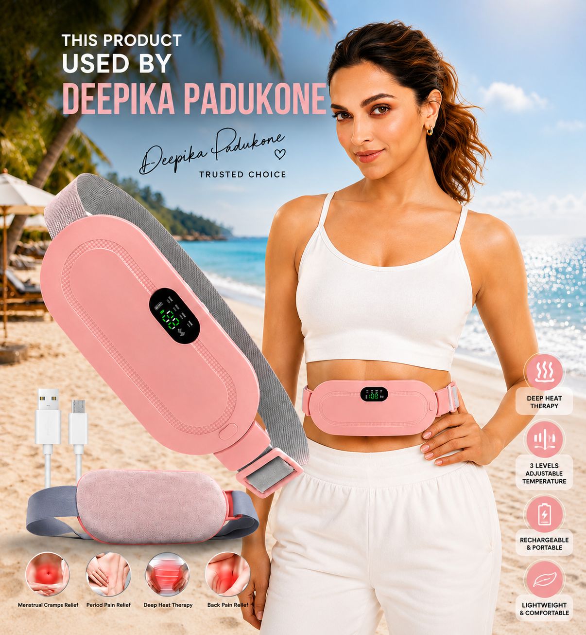 Deep Heat Therapy Menstrual Cramp & Period Pain Relief Heating Pad Belt - Pink