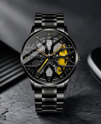 Wheel Watch Unique Wheel Dial & Yellow Accent Stylish Men's Wrist Watch 360 rotating watch 