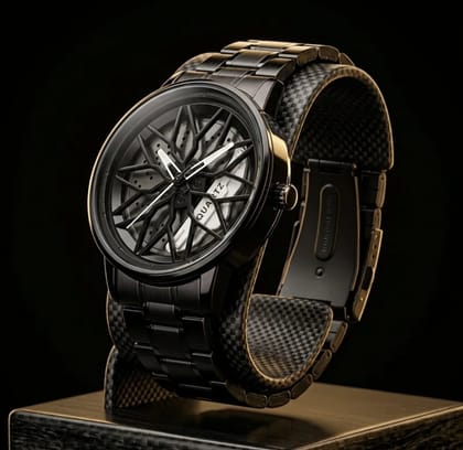 Car Wheel Rim Watch for Men | Sporty Car Rim Dial & Brake Caliper Design | Stainless Steel Strap with Carbon Fiber Texture Look | Quartz Analog Wrist Watch for Car Lovers and 360 rotation 