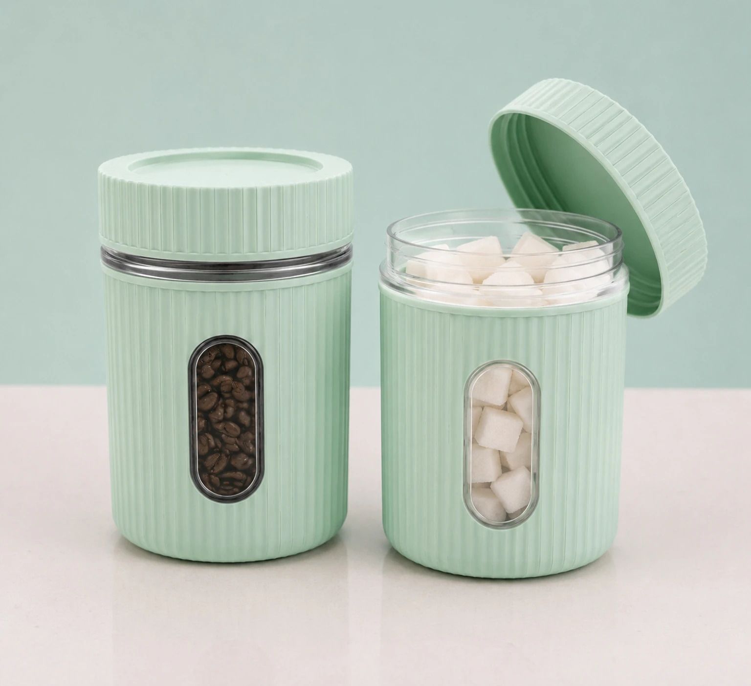 Set of 2 Air-Tight Kitchen Canisters with Window, 750ml - Mint Green