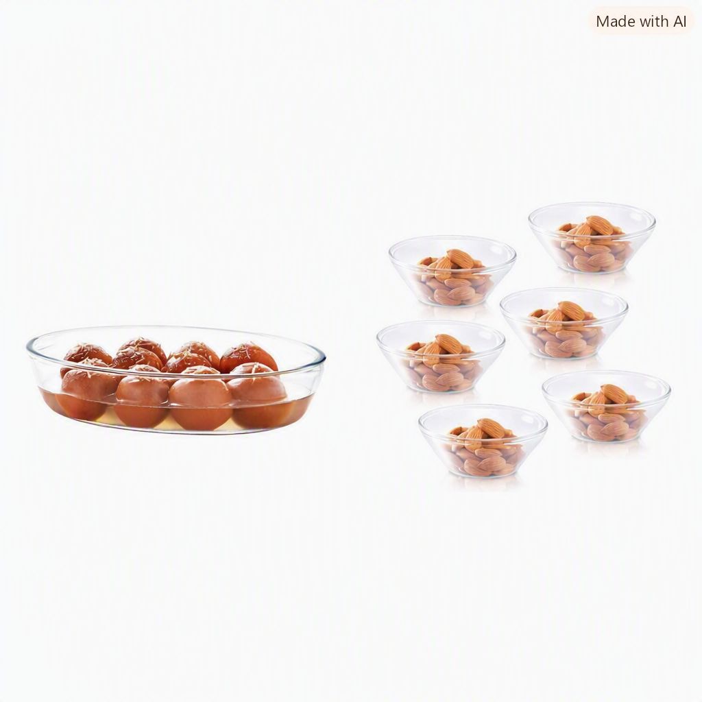 Borosil Oval Baking Dish, 700ml, Transparent & Venus Glass Katori Set, 170ml, Set of 6, Transparent Combo