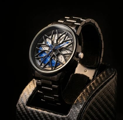 Car Wheel Rim Design Analog Men's Watch | Sports Car Hub & Blue Brake Caliper Dial Stainless Steel Wrist Watch 360 rotating 