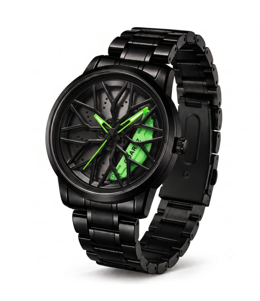Green Wheel Rim Watch - Car Alloy Wheel Sports Wristwatch with Rotating Dial