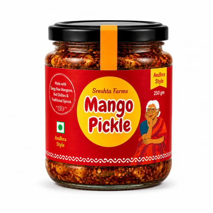 Sreshta Farms Spicy Mango Pickle 250g | Traditional Andhra Style Raw Mango Pickle | Authentic Indian Achar