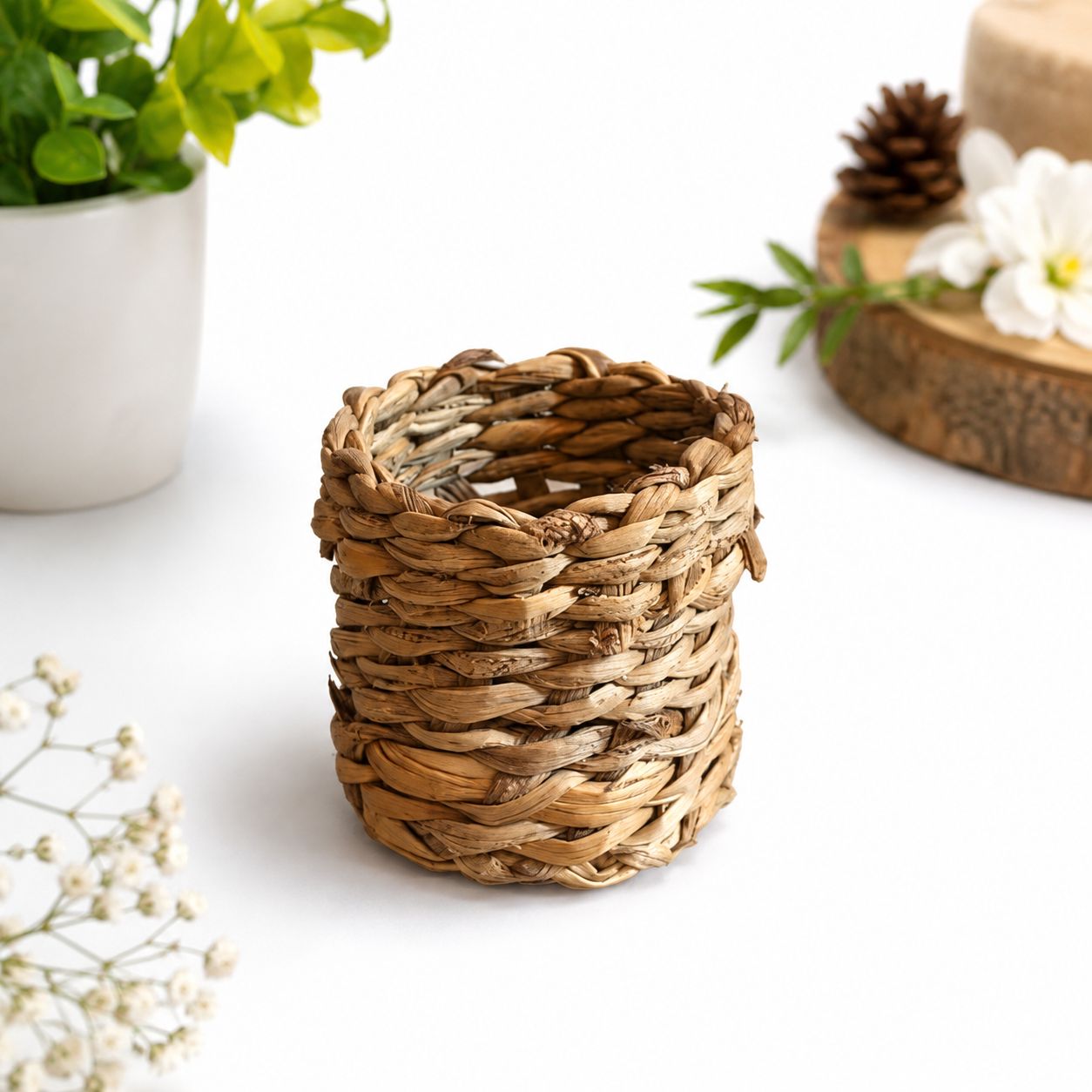 Handwoven Natural Fiber Small Cylindrical Basket/Pen Holder